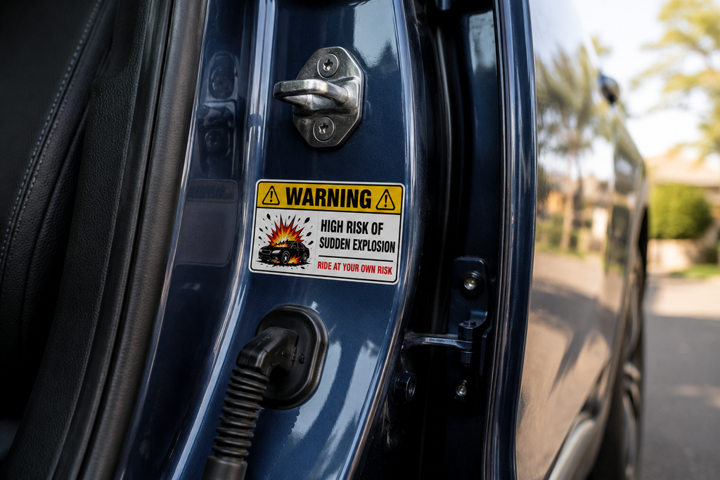 High Risk of Sudden Explosion Warning Sticker – Funny Car Prank Decal