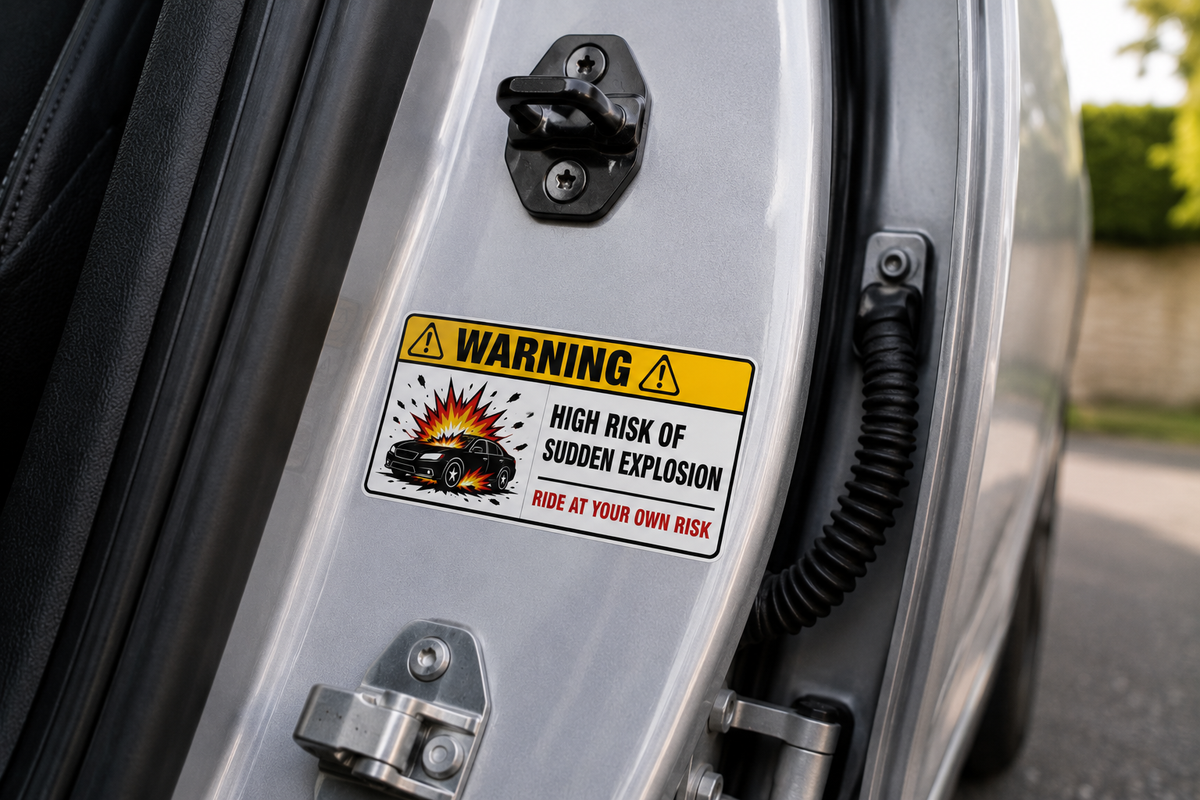 High Risk of Sudden Explosion Warning Sticker – Funny Car Prank Decal